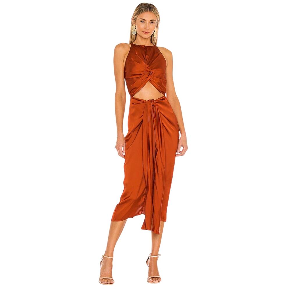 Andrea Iyamah Reni Dress Burnt Orange Satin Cutout Tie Front Midi Dress XS
